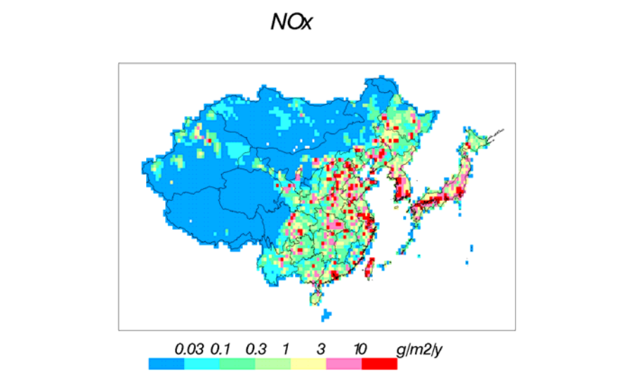 Database for amount of atmospheric pollution emission on grid in east asia