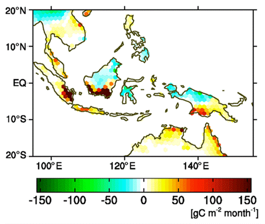 インドネシア島嶼地域におけるCO2放出・吸収量の2015年9月の分布。カラーバーは水色から緑色にかけて吸収、黄色から赤色にかけて放出を表しています（Niwa et al., 2021より抜粋）。